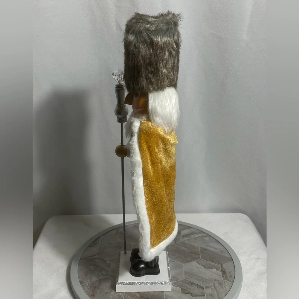 White Silver Gold Faux Fur Nutcracker King 15 Inch Christmas Decor Figurine